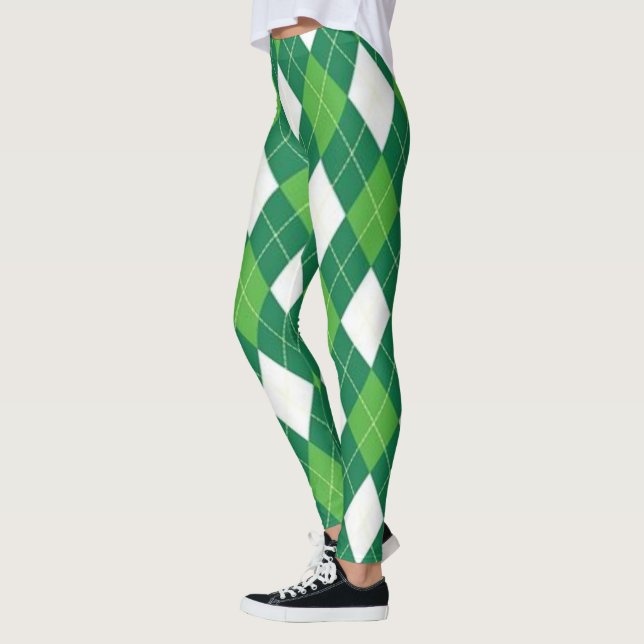 Green and White Argyle Pattern Leggings (Left)
