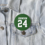 Green and White Athlete Name Jersey Number 3 Inch Round Button<br><div class="desc">Cheer on your favourite sports team, football player or just show off your school pride with a custom personalized spirit button! Add your school name or personalize with a player's name and jersey number. Perfect for football, basketball, baseball and soccer games! Create custom pins for the whole team, cheerleaders, parents...</div>
