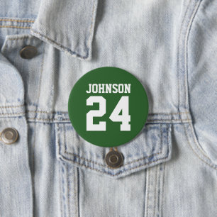 Green and White Athlete Name Jersey Number 3 Inch Round Button
