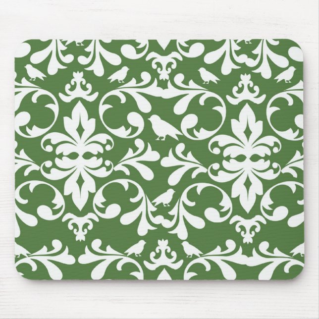 green and white bird damask pattern mouse pad (Front)