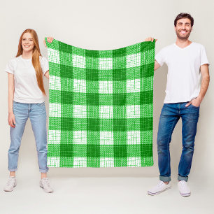 Green and White Bold Checkered Plaid Design Fleece Blanket