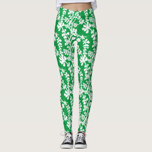 Green And White Botanical Repeating Pattern Leggings