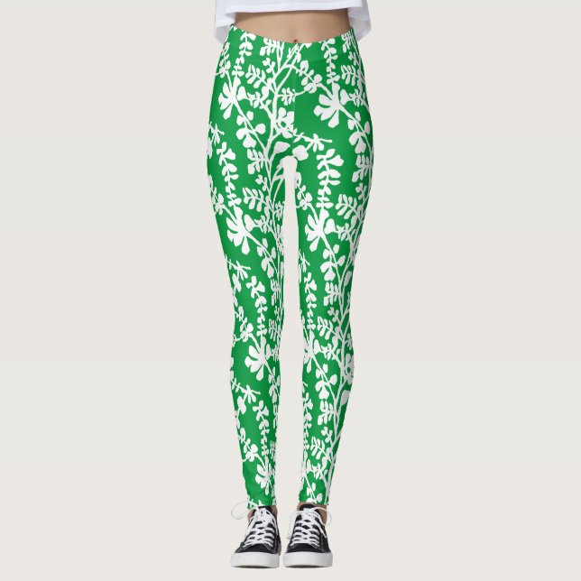 Green And White Botanical Repeating Pattern Leggings (Front)
