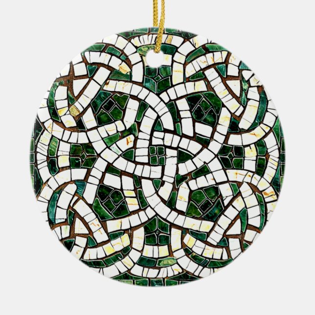 Green and White Celtic Knot Stone Mosaic Ceramic Ornament (Front)