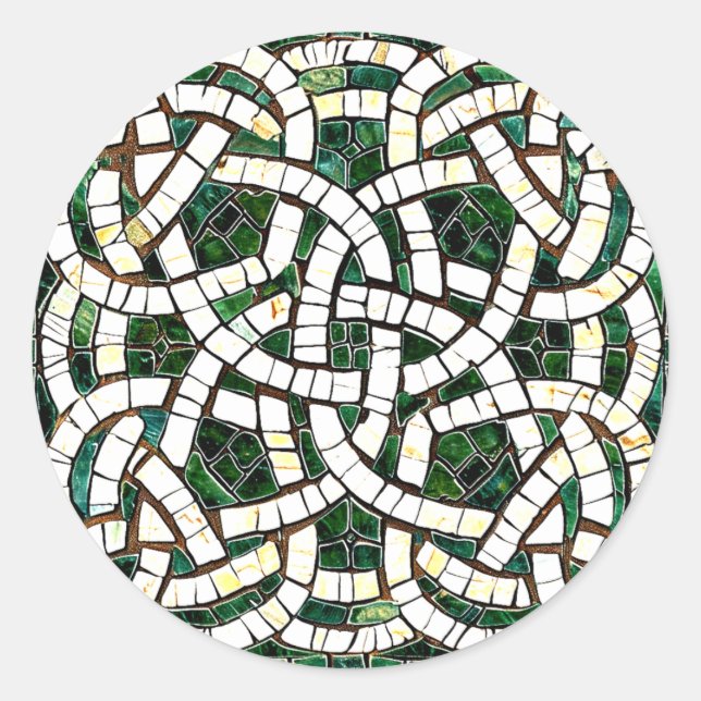 Green and White Celtic Knot Stone Mosaic Classic Round Sticker (Front)