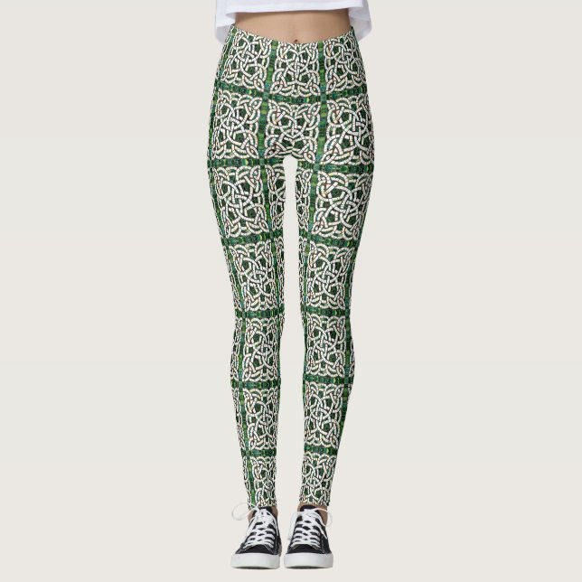 Green and White Celtic Knot Stone Mosaic Leggings (Front)