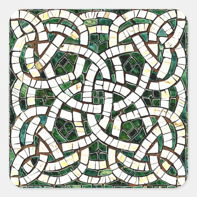 Green and White Celtic Knot Stone Mosaic Square Sticker (Front)