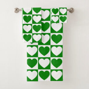 Green and White Checkered Pattern With Hearts Bath Towel Set