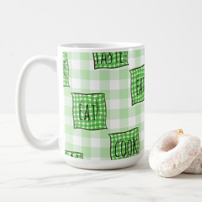Green and White Checks Coffee Mug (With Donut)