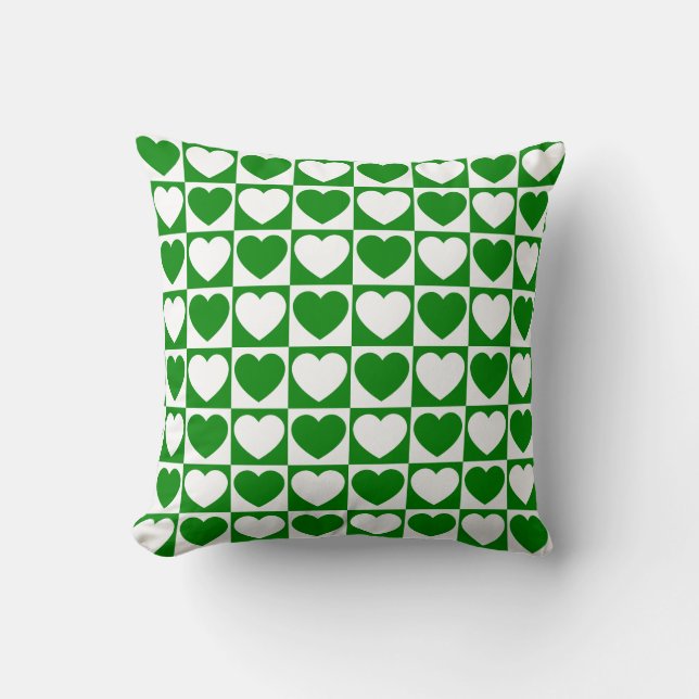 Green and White Chequered Pattern With Hearts Throw Pillow (Front)