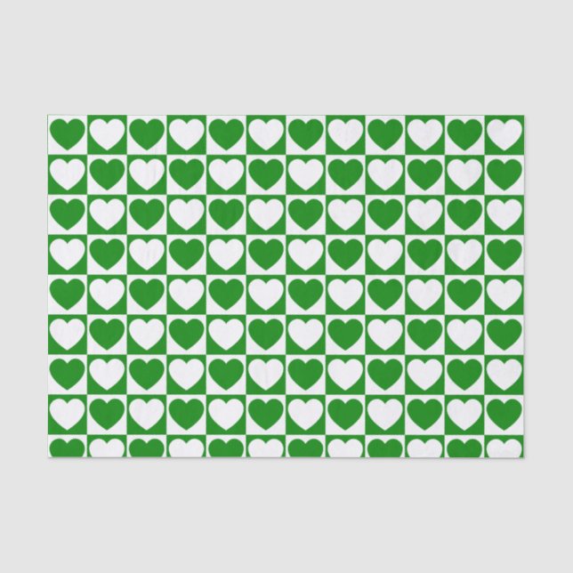 Green and White Chequered Pattern With Hearts Tissue Paper (Front)