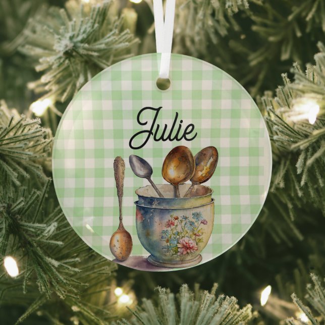 "Green and White Chequered - Spoons in Cup Glass Ornament (Insitu)
