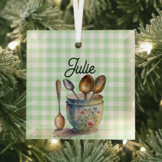 "Green and White Chequered - Spoons in Cup Glass Ornament