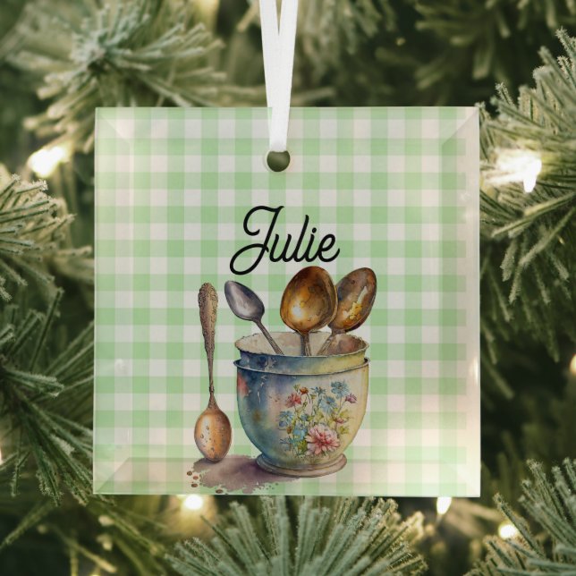 "Green and White Chequered - Spoons in Cup Glass Ornament (Insitu)