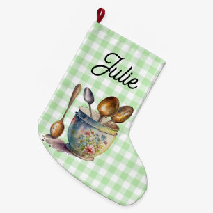 "Green and White Chequered - Spoons in Cup Large Christmas Stocking
