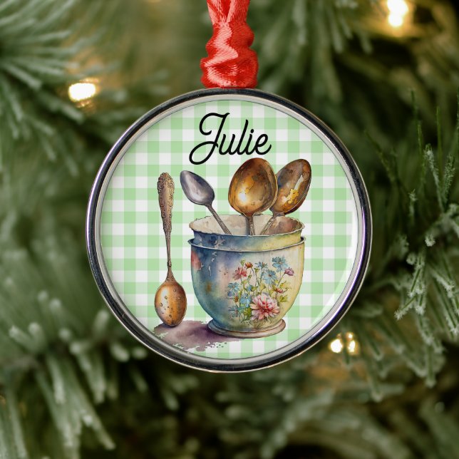 "Green and White Chequered - Spoons in Cup Metal Ornament (Tree)