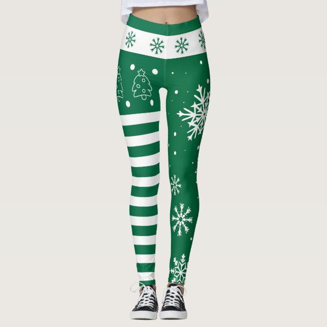 Green and White Christmas Leggings with Snowflakes (Devant)