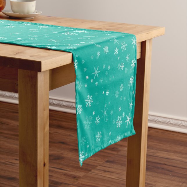Green and White Christmas Snowflake Pattern Short Table Runner (In Situ)