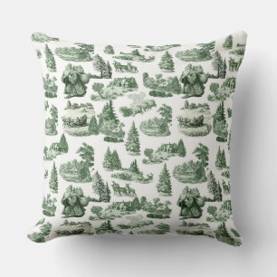 Green and White Christmas Toile Aesthetic Throw Pillow
