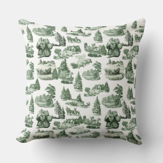 Green and White Christmas Toile Aesthetic Throw Pillow (Front)