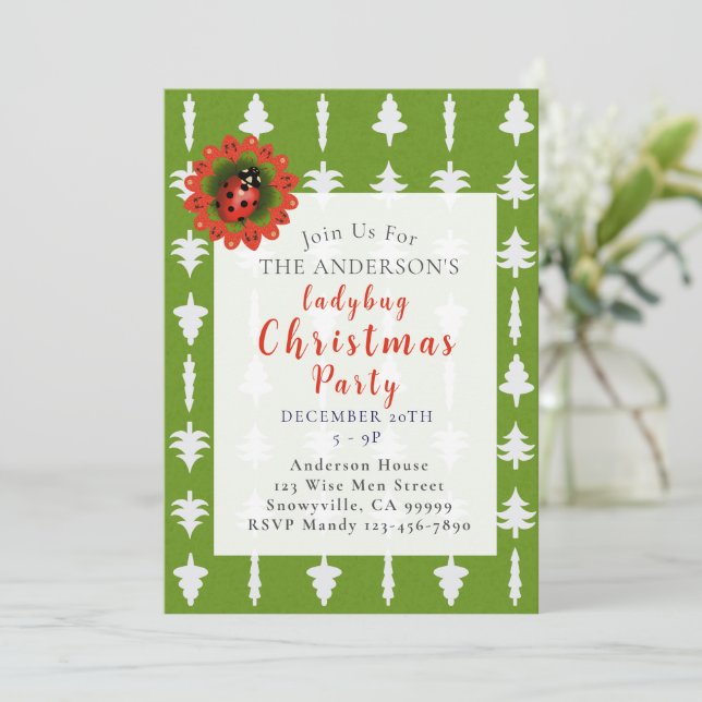 Green and White Christmas Tree Ladybug Party Invitation (Standing Front)