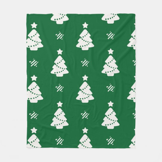 Green and White Christmas Tree Pattern Fleece Blanket (Front)