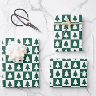 Green and White Christmas Tree Pattern Wrapping Paper Sheet