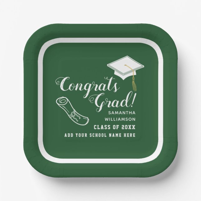 Green and White Class of 2025 Congrats Grad Paper Plate (Front)