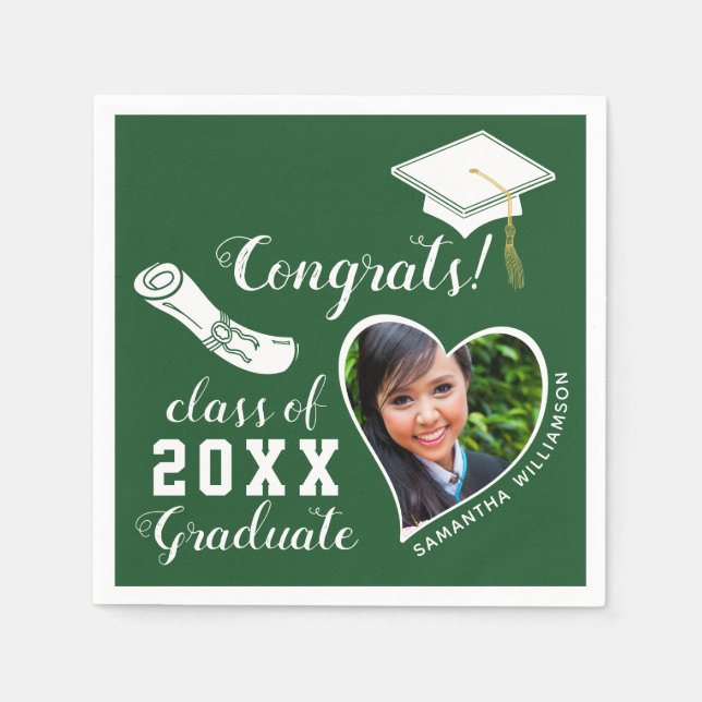 Green and White Class of 2025 Photo Graduation Napkin (Front)