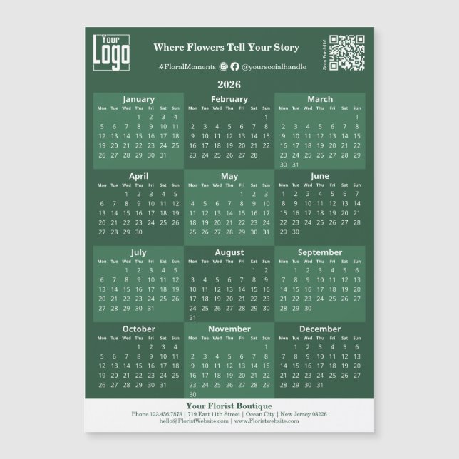 Green and White Custom Logo 2026 Calendar Magnet (Front)