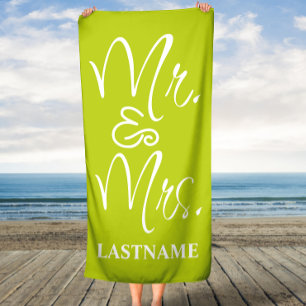 Green and White Custom Mr. and Mrs. Beach Towel