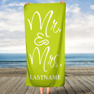Green and White Custom Mr. and Mrs. Beach Towel