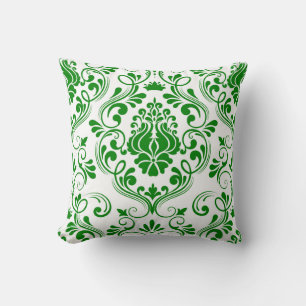 Green and White Damask Floral Pattern Elegant Throw Pillow