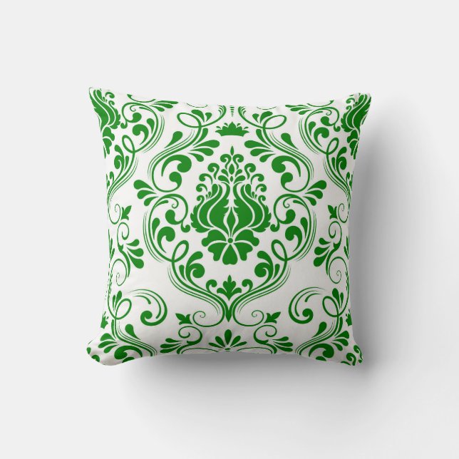Green and White Damask Floral Pattern Elegant Throw Pillow (Front)