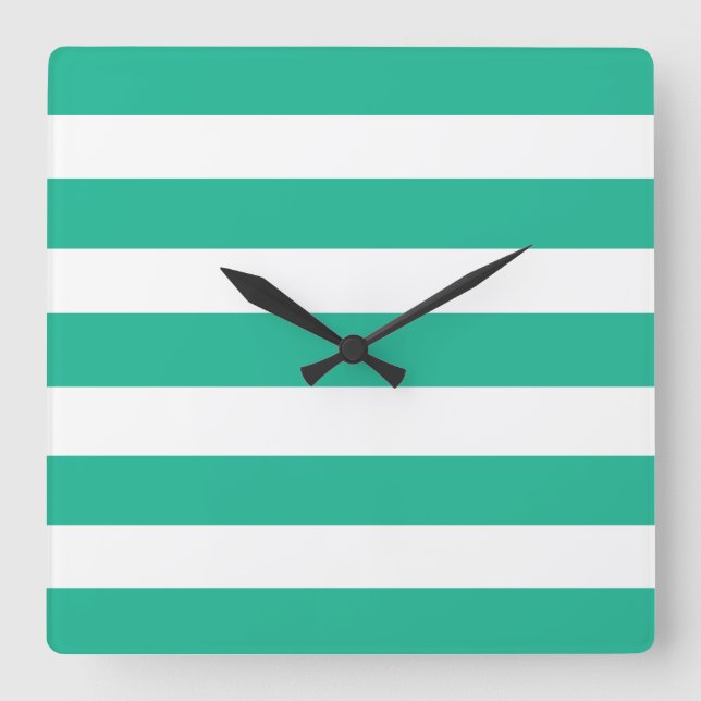 Green and White Deckchair Stripes Square Wall Clock (Front)