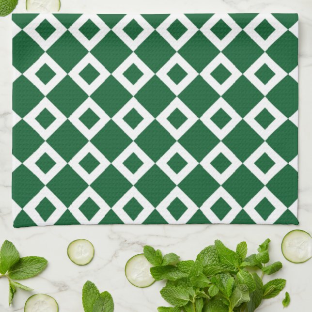 Green and White Diamond Pattern Kitchen Towel (Folded)