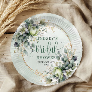 Green And White Eucalyptus Bridal Shower Paper   Plate