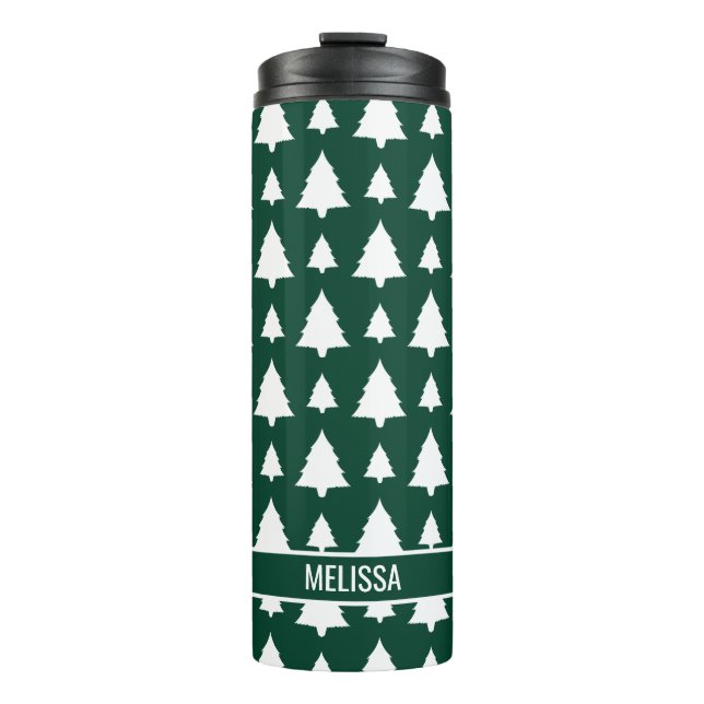 Green And White Fir Christmas Tree Pattern & Name Thermal Tumbler (Front)