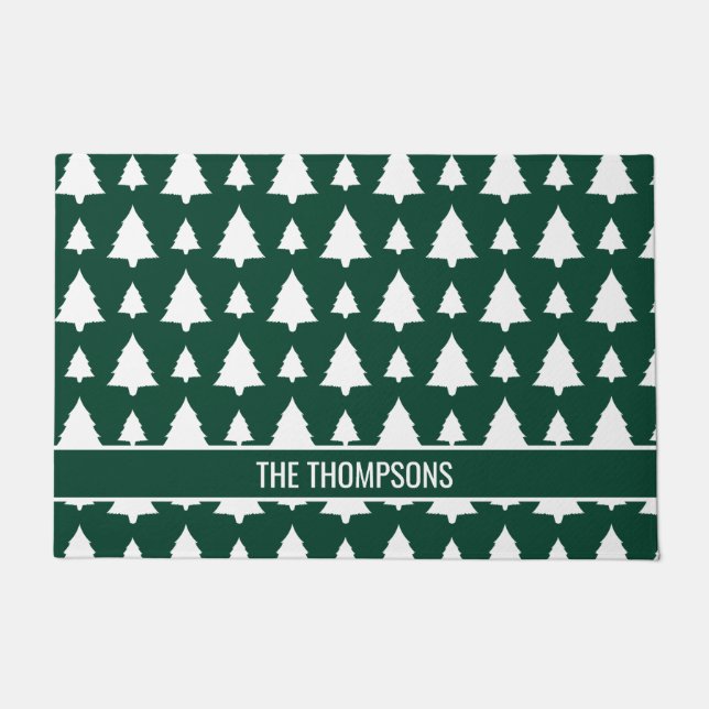 Green And White Fir Christmas Tree Pattern & Text Doormat (Front)
