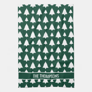 Green And White Fir Christmas Tree Pattern & Text Kitchen Towel