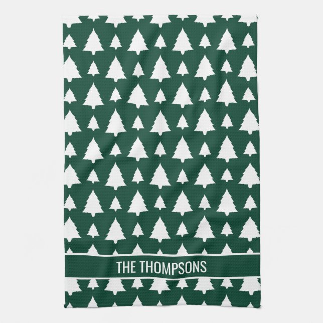 Green And White Fir Christmas Tree Pattern & Text Kitchen Towel (Vertical)
