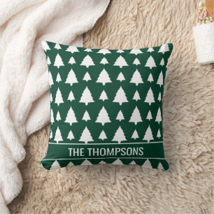 Green And White Fir Christmas Tree Pattern & Text Throw Pillow