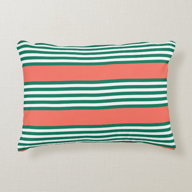 Green and white five stripe pattern with coral accent pillow (Front)