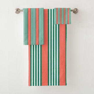 Green and white five stripe pattern with coral bath towel set