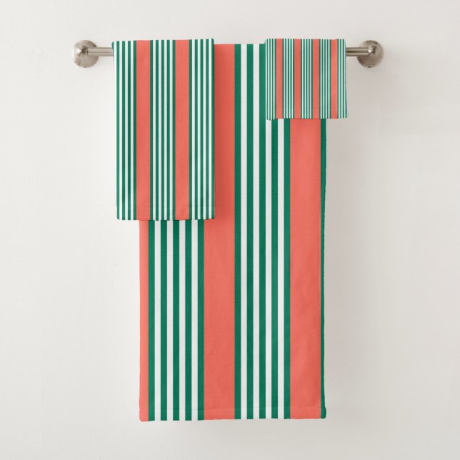 Green and white five stripe pattern with coral bath towel set (Insitu)