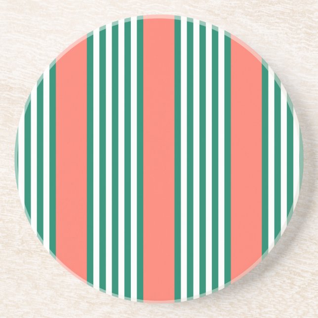 Green and white five stripe pattern with coral coaster (Front)
