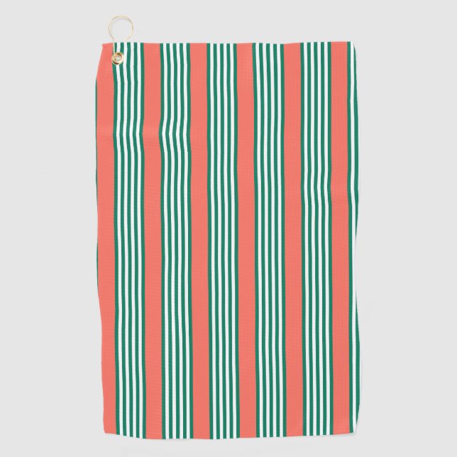 Green and white five stripe pattern with coral golf towel (Front)