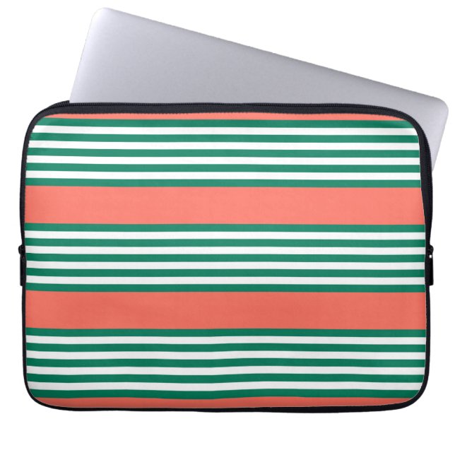 Green and white five stripe pattern with coral laptop sleeve (Front)