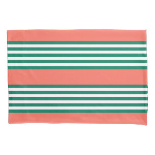 Green and white five stripe pattern with coral pillowcase
