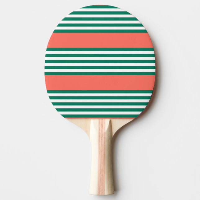 Green and white five stripe pattern with coral ping pong paddle (Front)